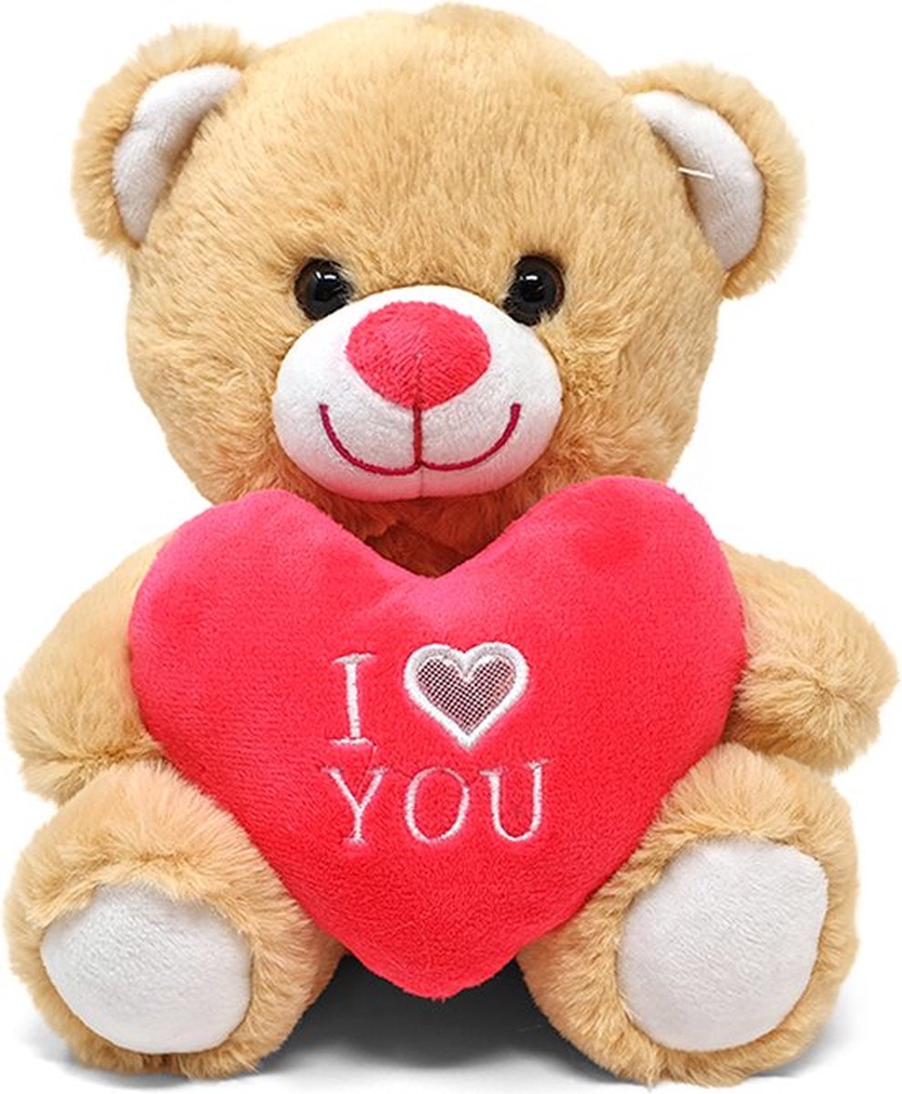 Teddybeer Cuddle (Lichtbruin met Roze Hart) Pluche Knuffel 22 cm {Moederdag Knuffelbeer met Rood Love Hartje | I Love You / Ik hou van jou Cadeau | Valentine Valentijnsdag Moederdag kado rozenbeer rozen beer kado}